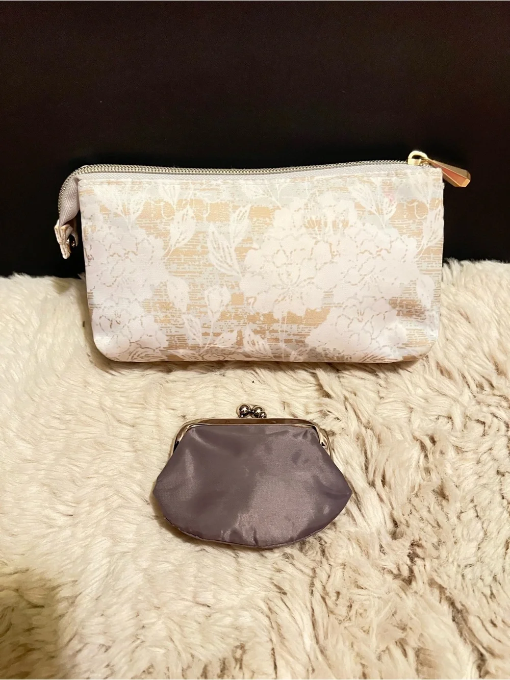 Floral pPrint Cosmetic Pouch and Satin kiss lock Coin Purse Set - Cream & Gray